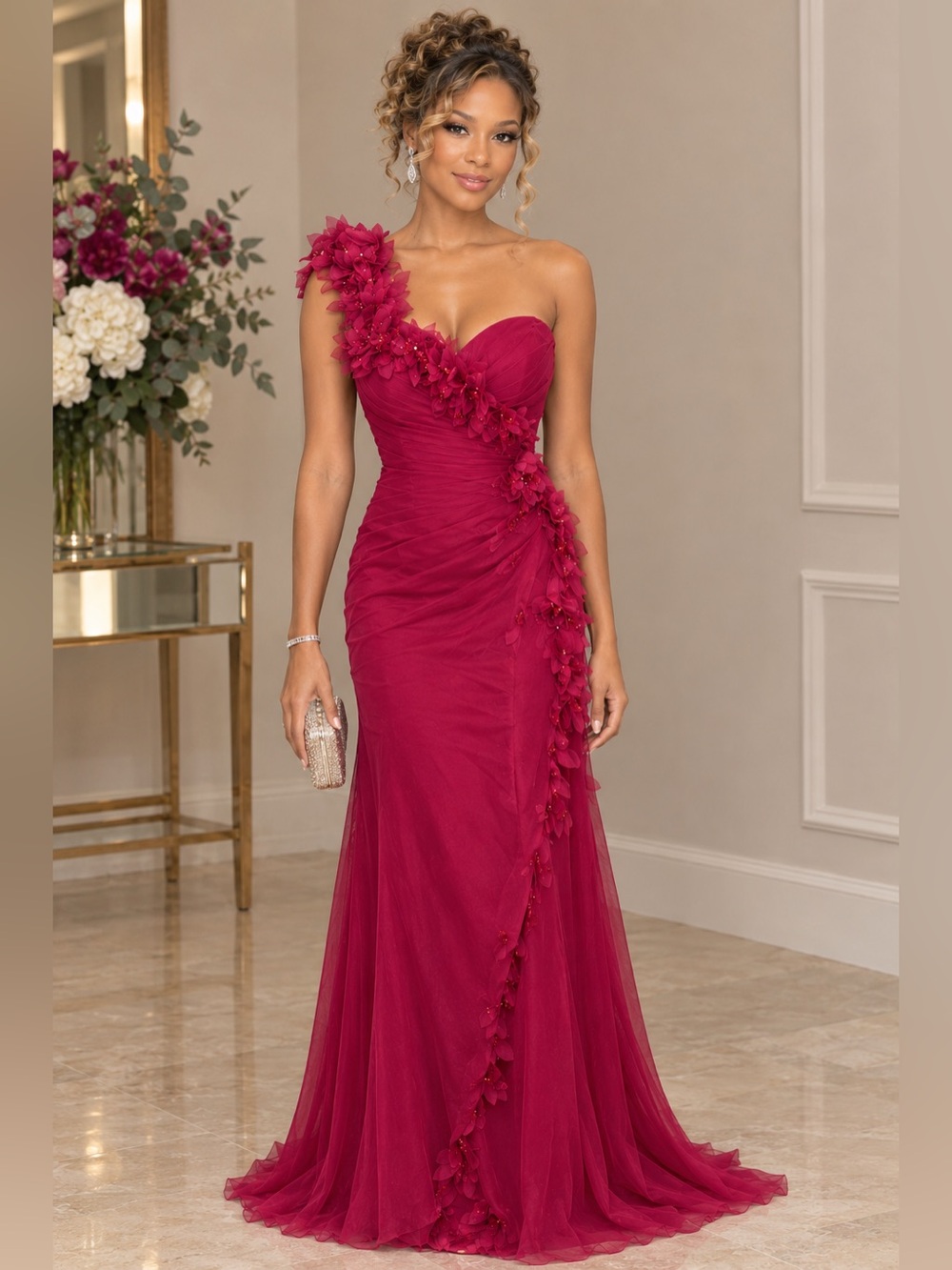 Montage by Mon Cheri One-Shoulder Magenta Evening Gown with Floral Appliqué
